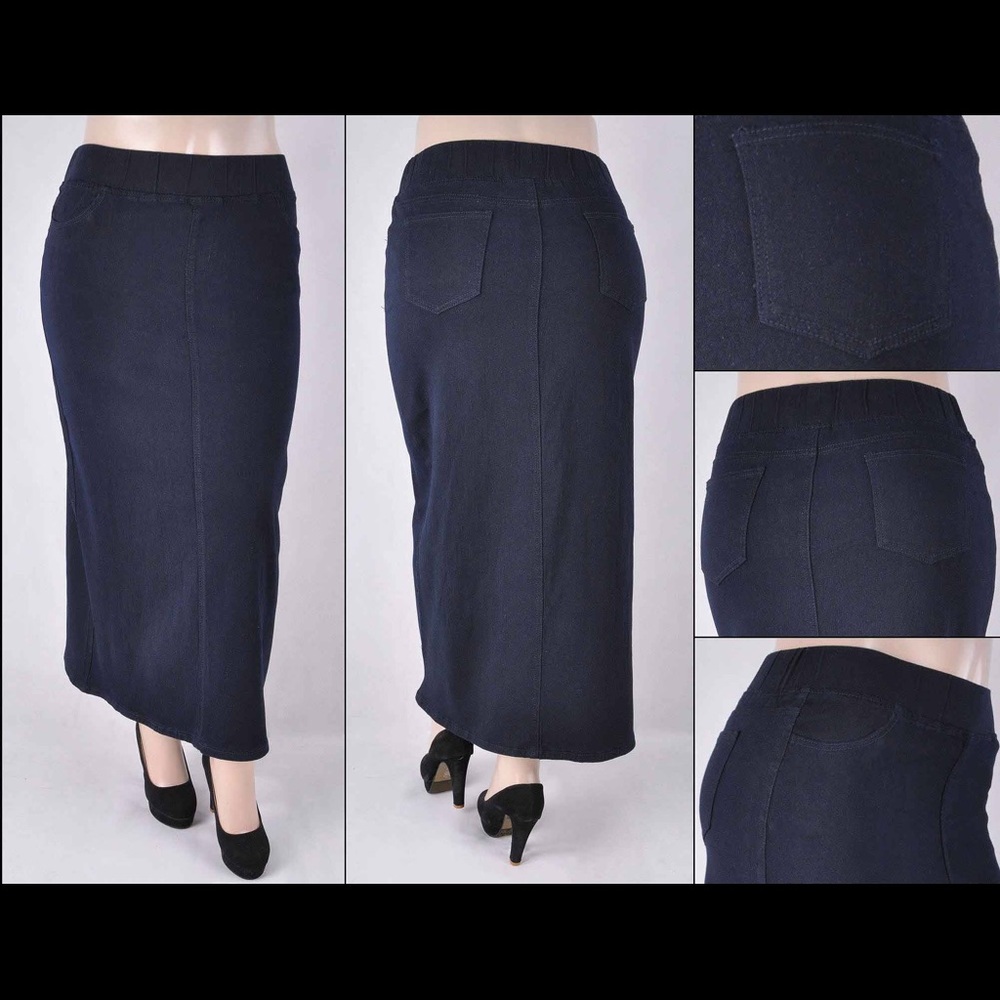 Navy denim Elastic Waist Skirt